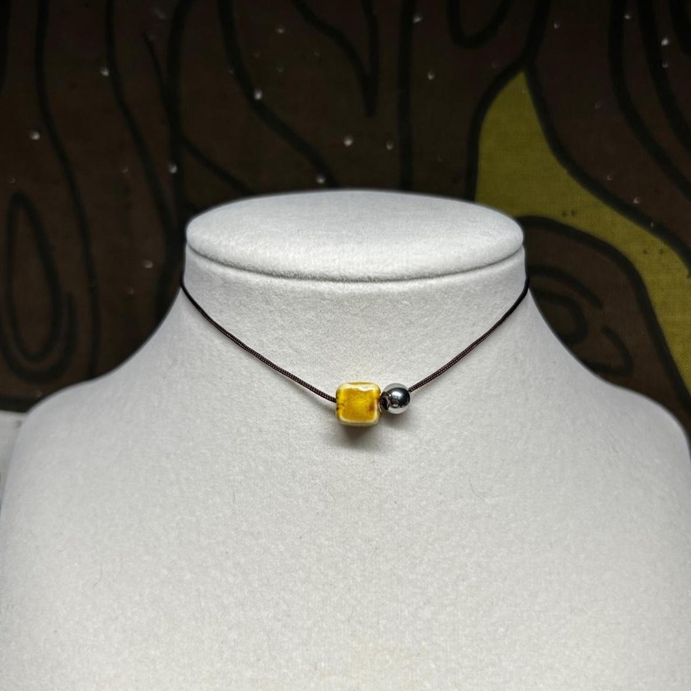 Yellow boho chic stainless steel bead cord choker adjustable dainty minimalist